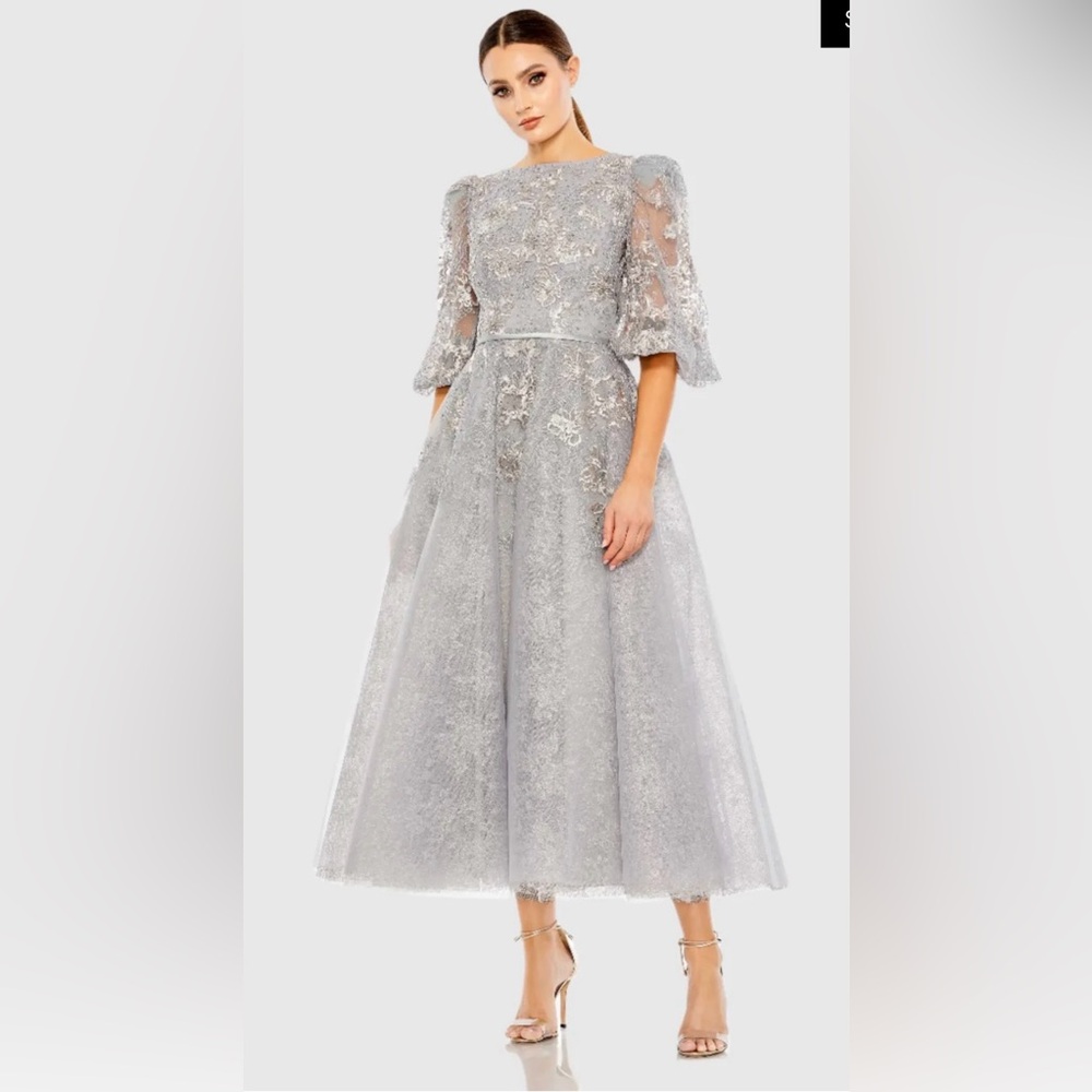 Mac Duggal Size 22 Gray High Neck Embellished Midi Dress Puff Sleeve 20418 NWT